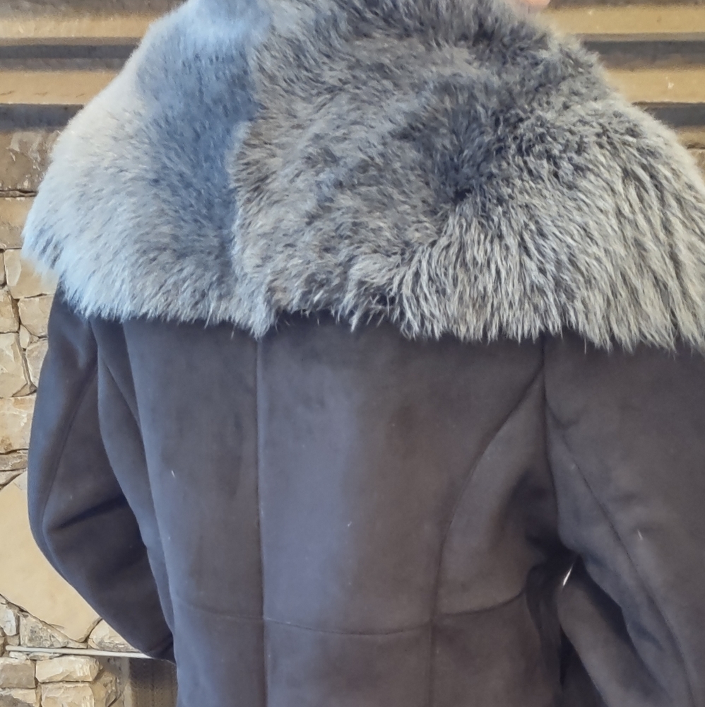 Shearling coat Lamb Fur Badgley Mischka couture black Leather suede Gray Collar - Picture 13 of 13